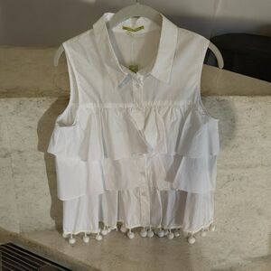 Gianni Bini White‎ Talita Blouse Medium NWT Pom Pom Sleeveless